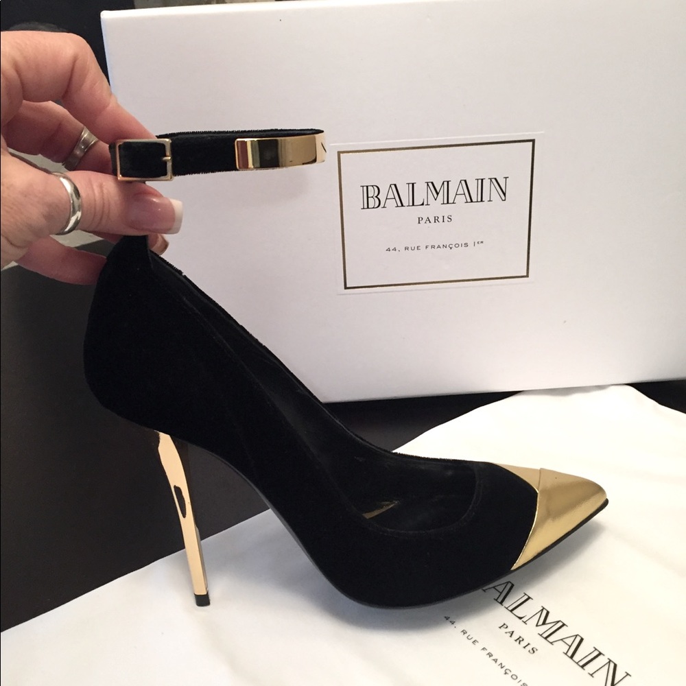 Balmain Black velvet and Metallic gold leather.